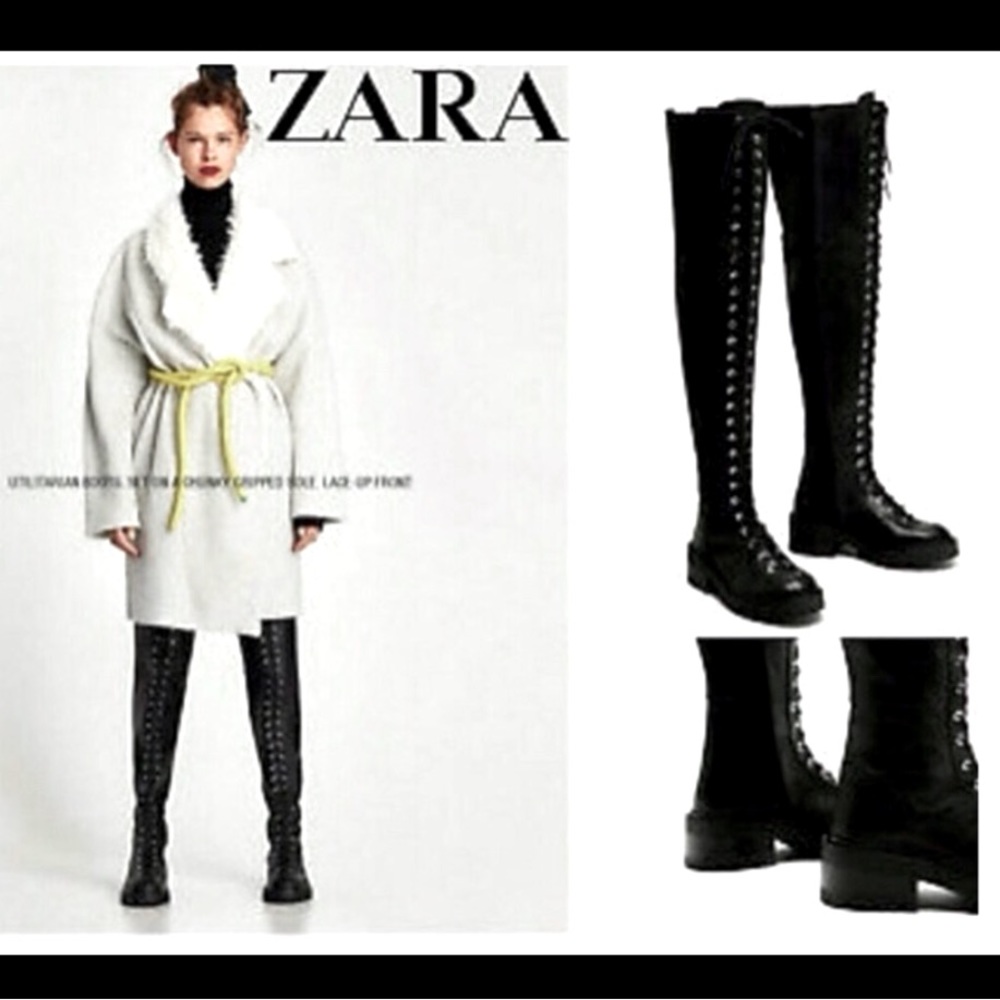NWOT Zara Thigh High Genuine Leather Lace Up Boots Lug Sole. - Picture 2 of 16